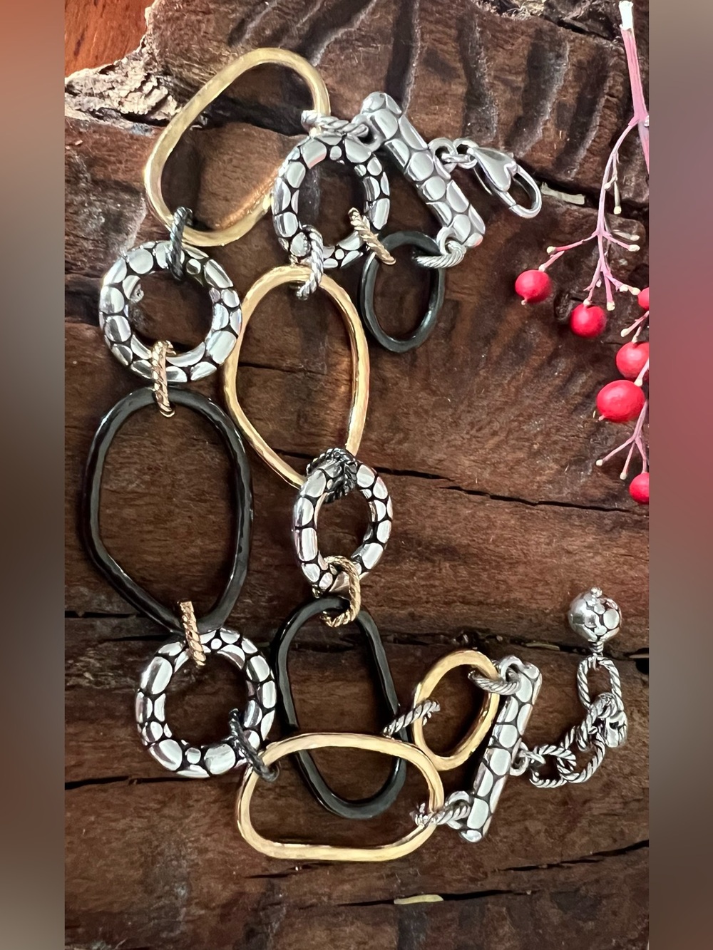 Brighton Chunky Double Link Bracelet Black Fine Gold Silver Plated Pebble Heat